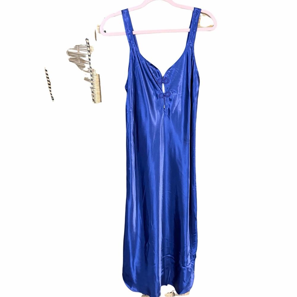 Vintage California dynasty royal blue satin long slip night gown frog button M